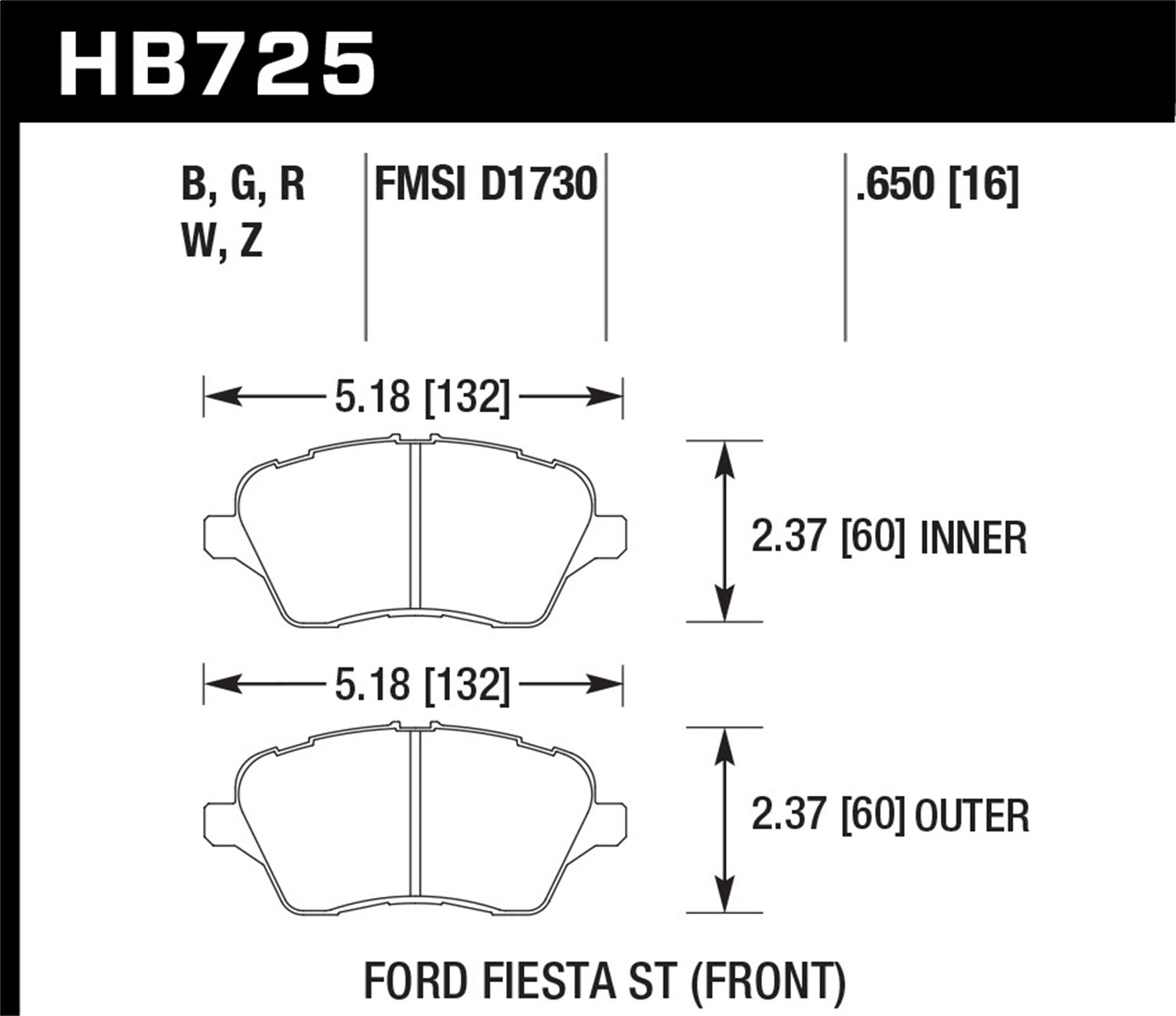 Hawk Performance HB725B.650 HPS 5.0 Disc Brake Pad Fits 14-19 Fiesta